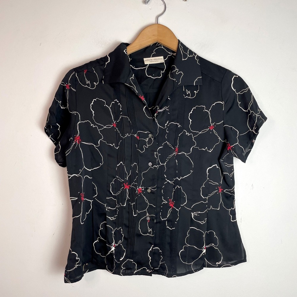 Black Floral Silk Blouse PM Pintuck Button Down Minimalist Quiet Luxury